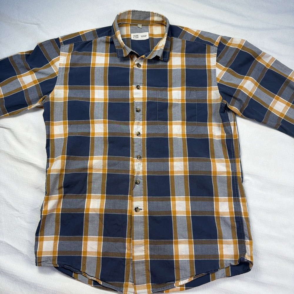 Frank & Oak Mens Plaid Button Down‎ Shirt Navy Yellow Cotton Size M Long Sleeve